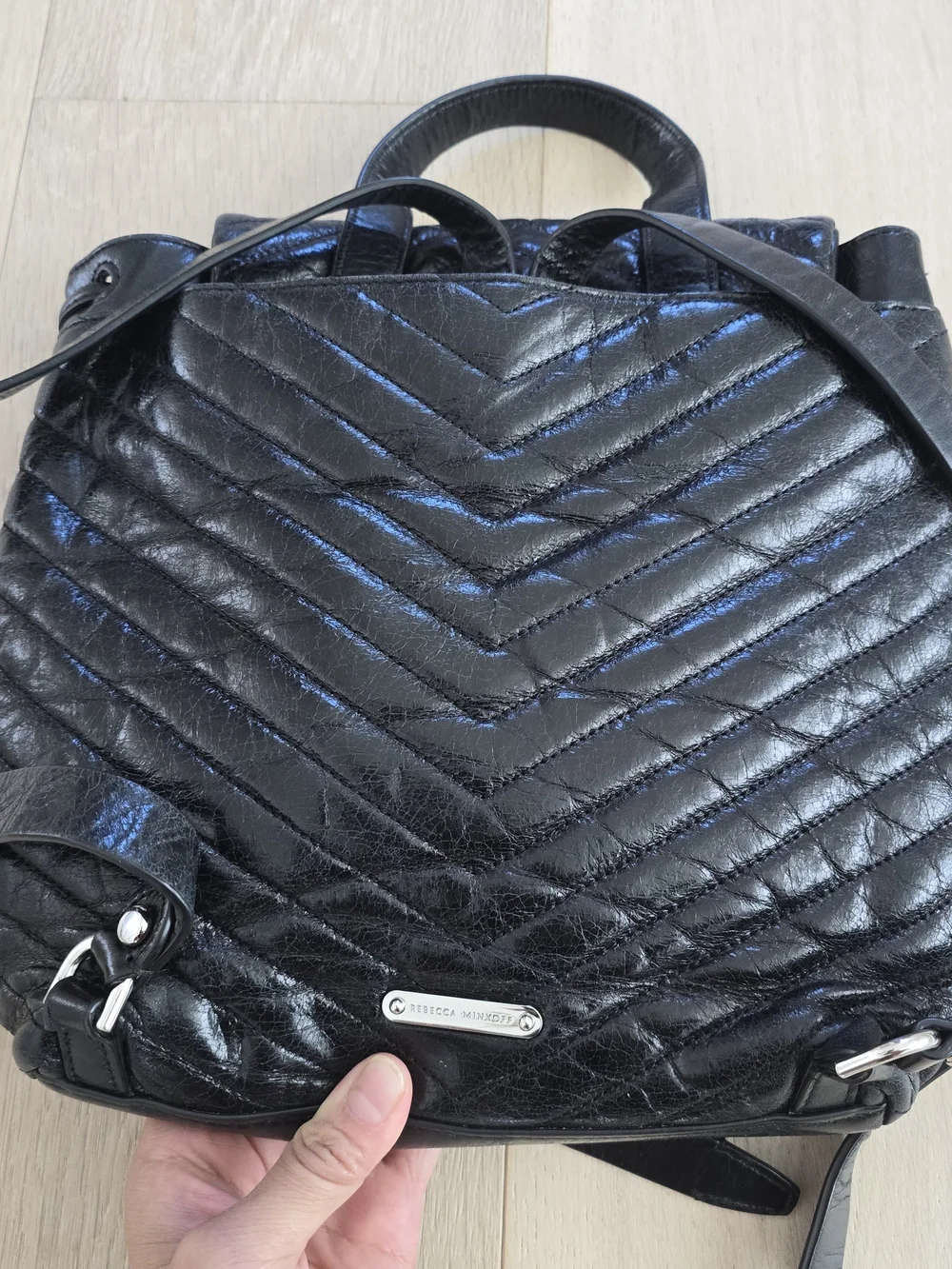 Rebeccca Minkoff Black Quilted Real Leather Backpack Bag Purse Chevron